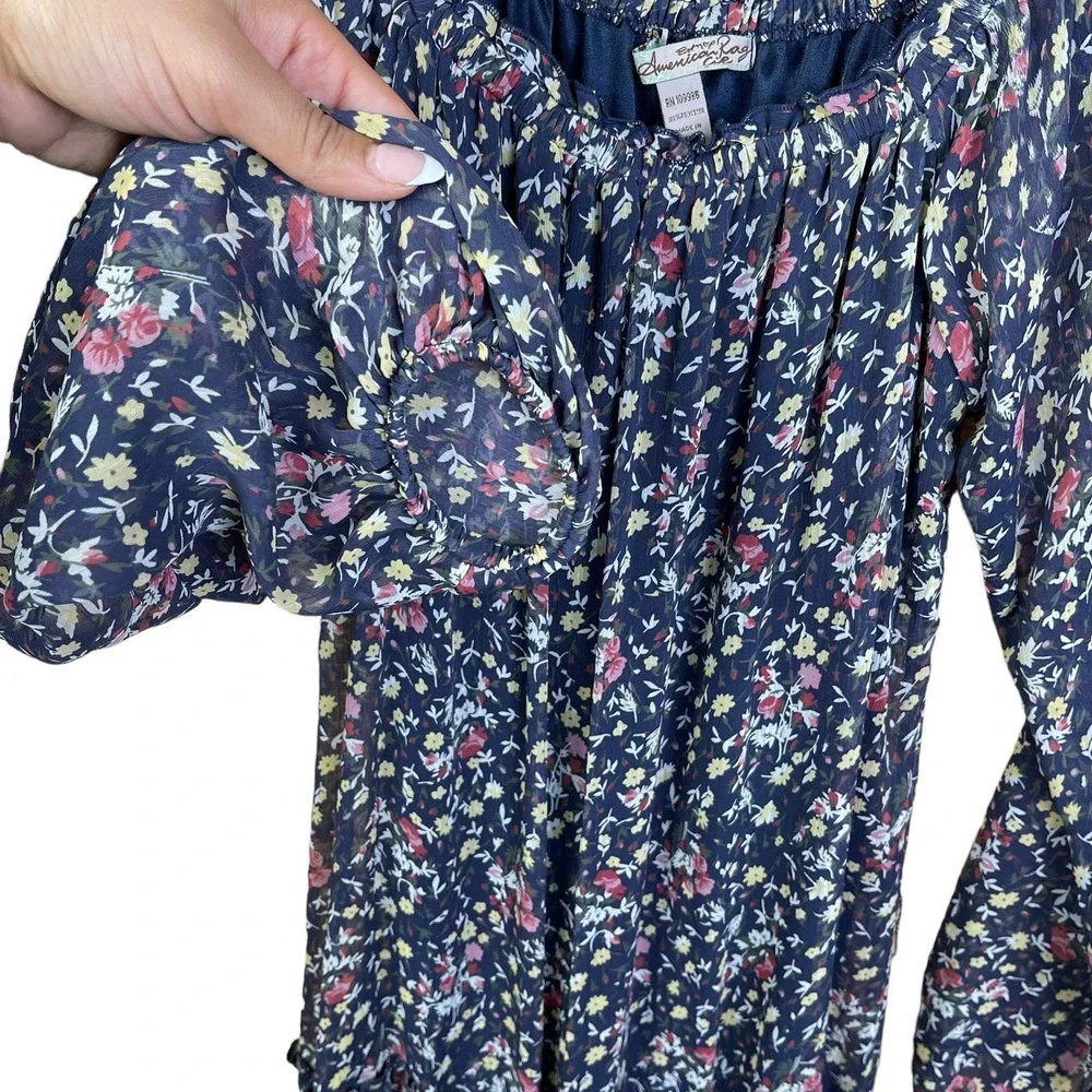 American Rag Cie Sheer Sleeve Floral Mini Dress M Elastic Waist Babydoll Boho‎
